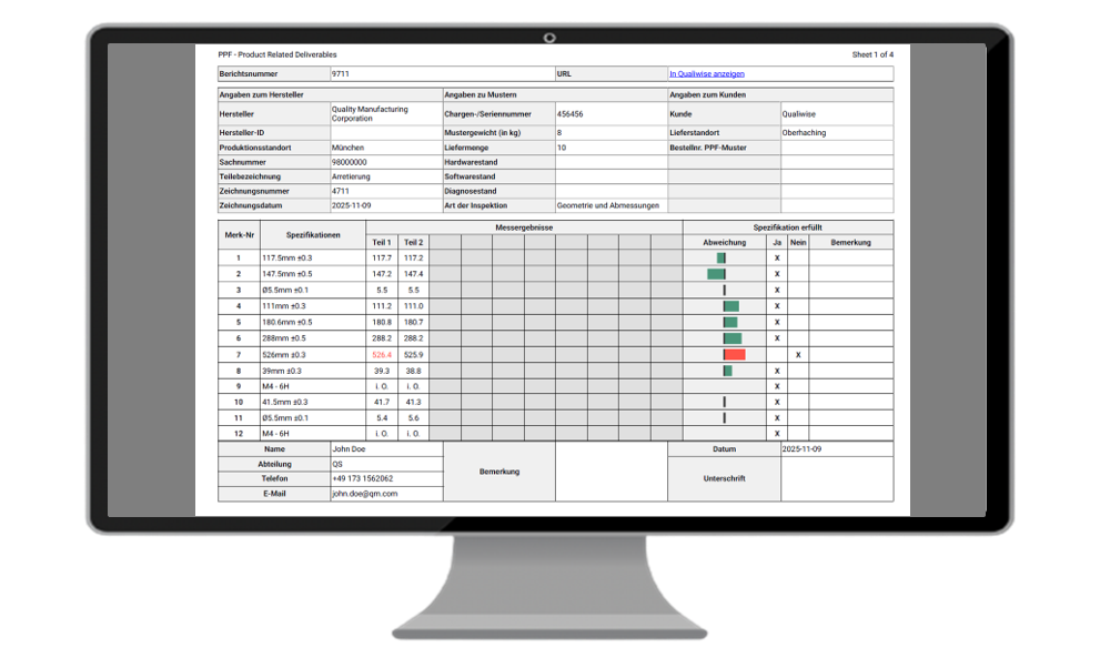 Quality report interface on desktop screen