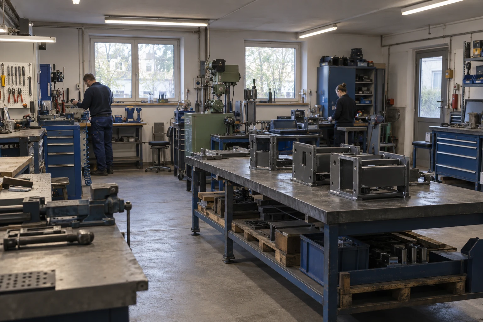 Compact job shop with small welded assemblies and workbenches